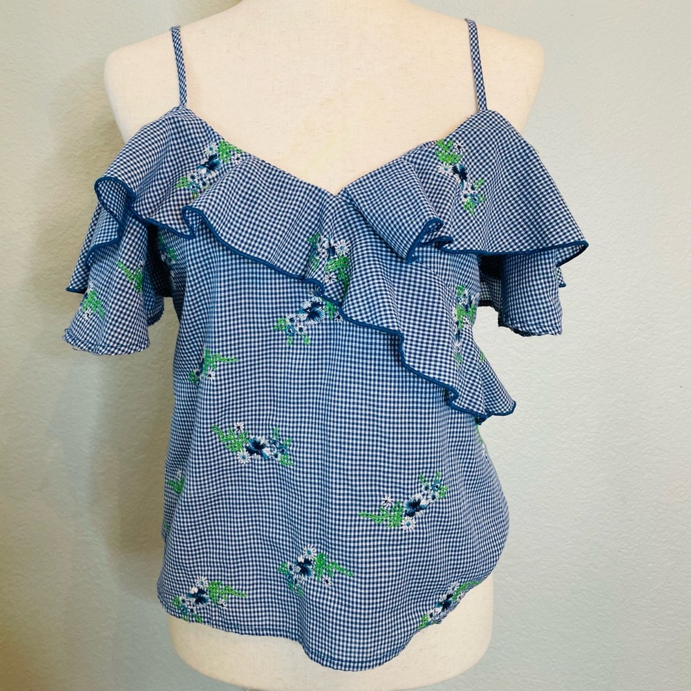 Gypsies & Moondust Blue White Gingham Floral Embroidered Off Shoulder | Small